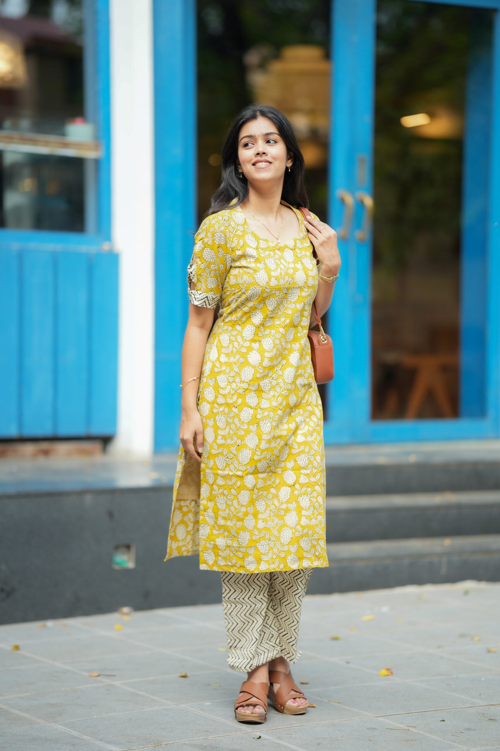 Yellow Floral Straight Kurta with Chevron Pants - Image 6