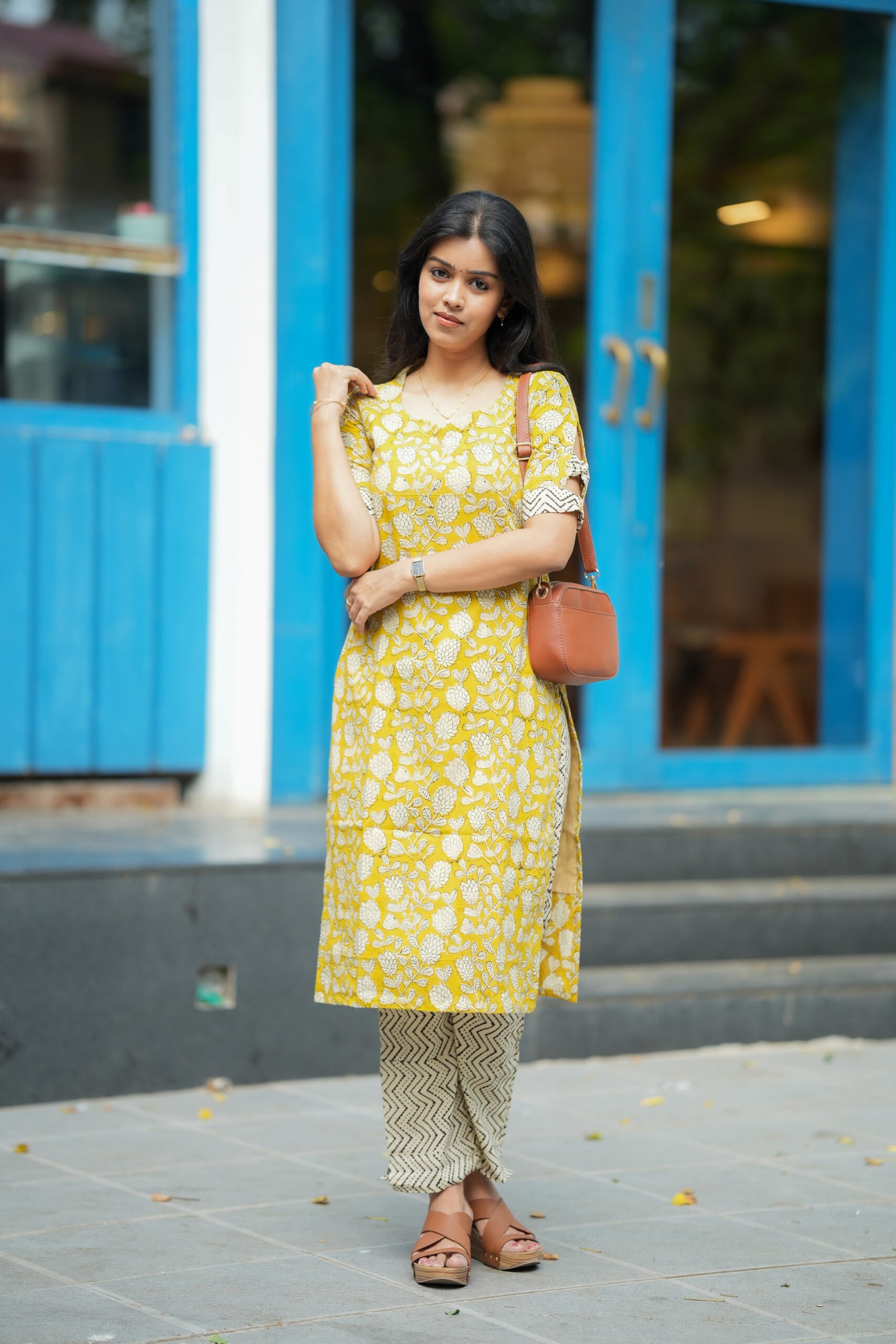 Yellow Floral Straight Kurta with Chevron Pants - Image 7