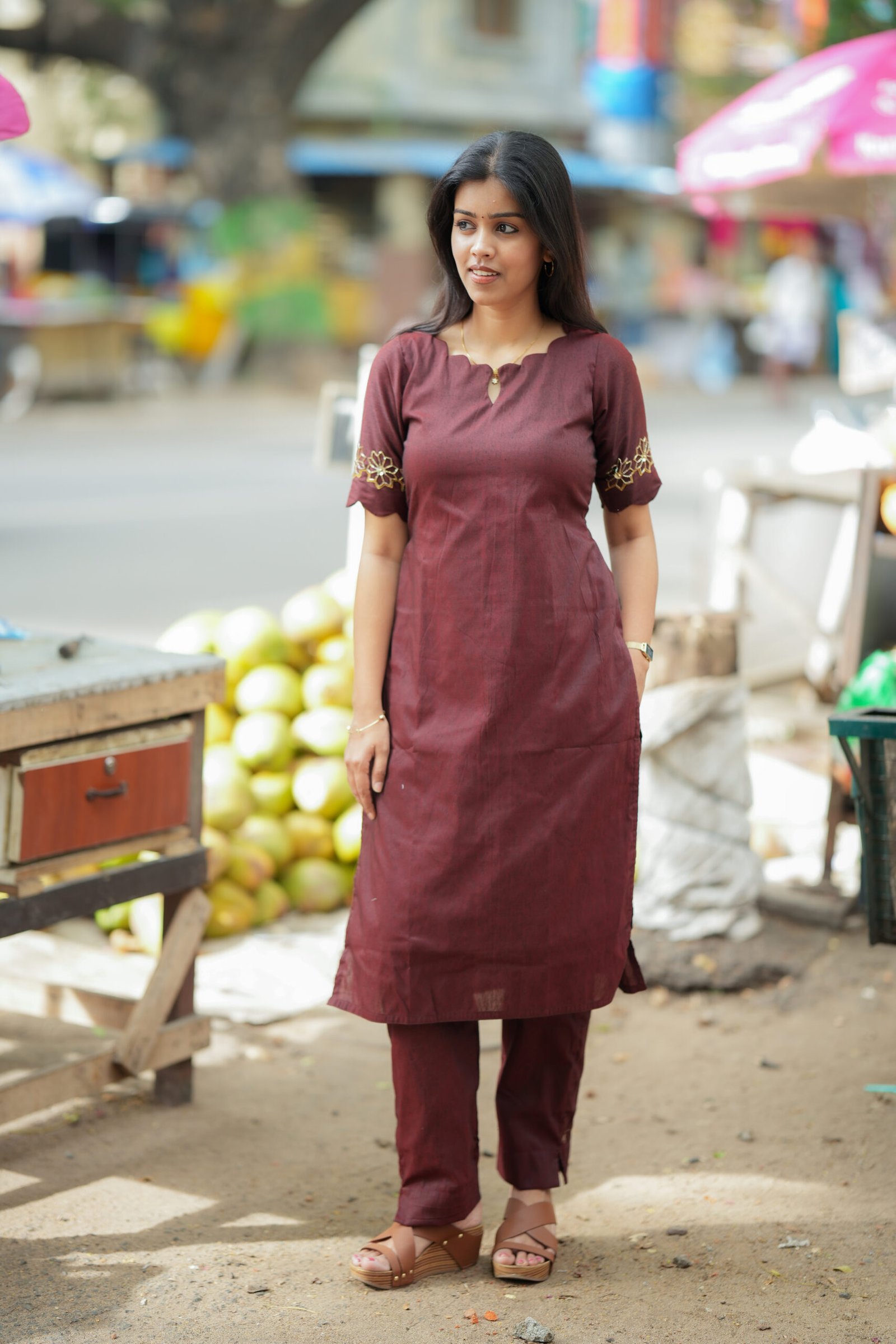 Maroon Straight Kurta with Embroidered Sleeves - Image 5