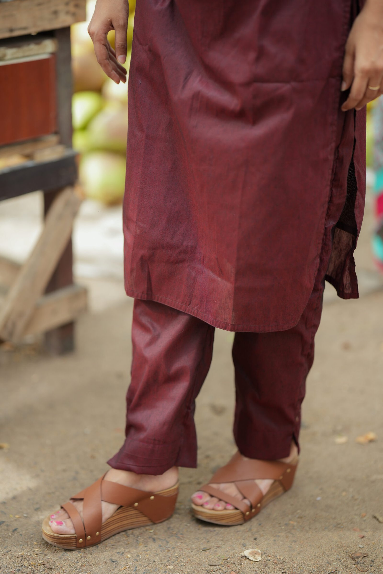 Maroon Straight Kurta with Embroidered Sleeves - Image 2