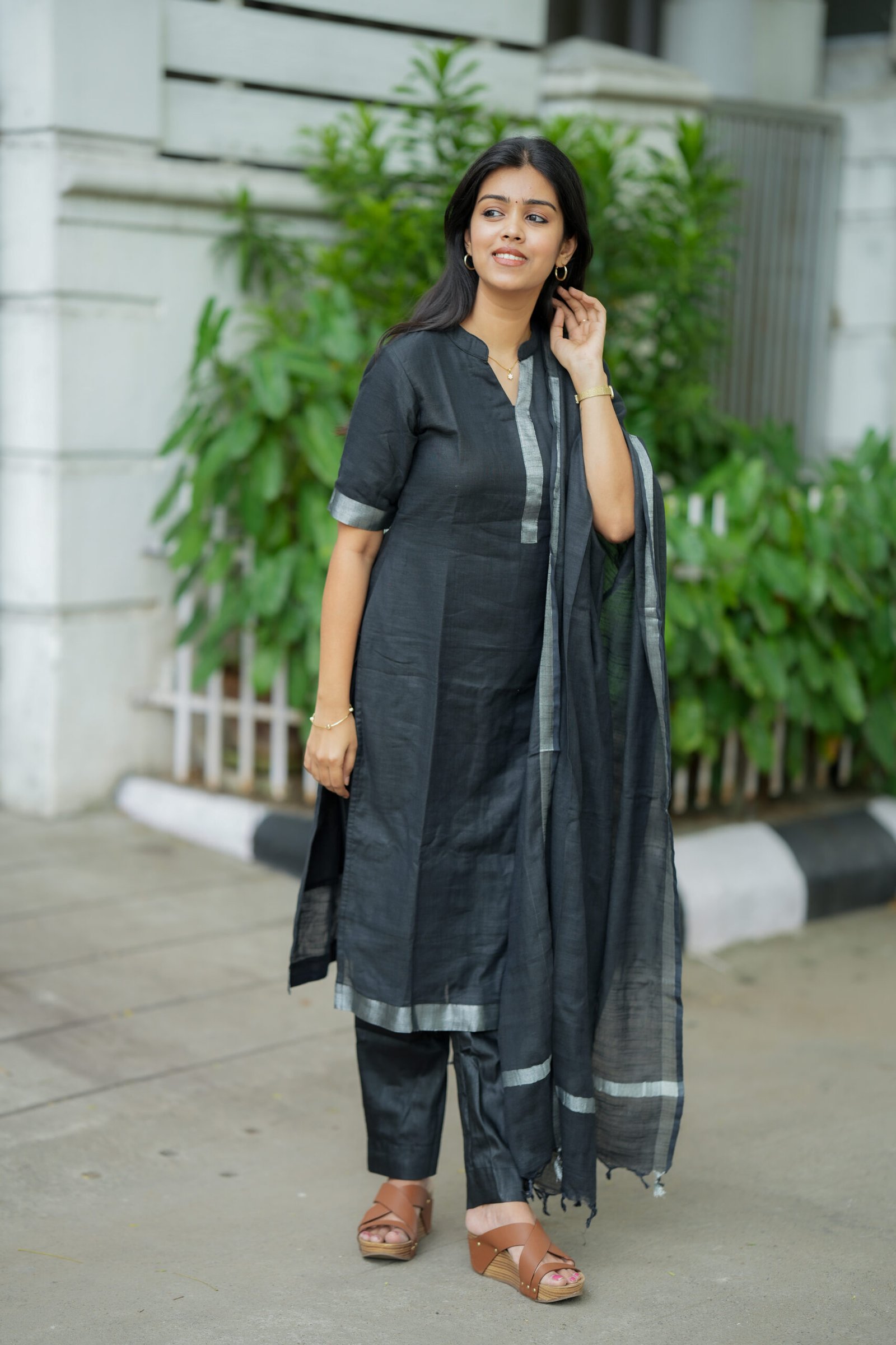 Black Kurta Set with Silver Border Dupatta - Image 6
