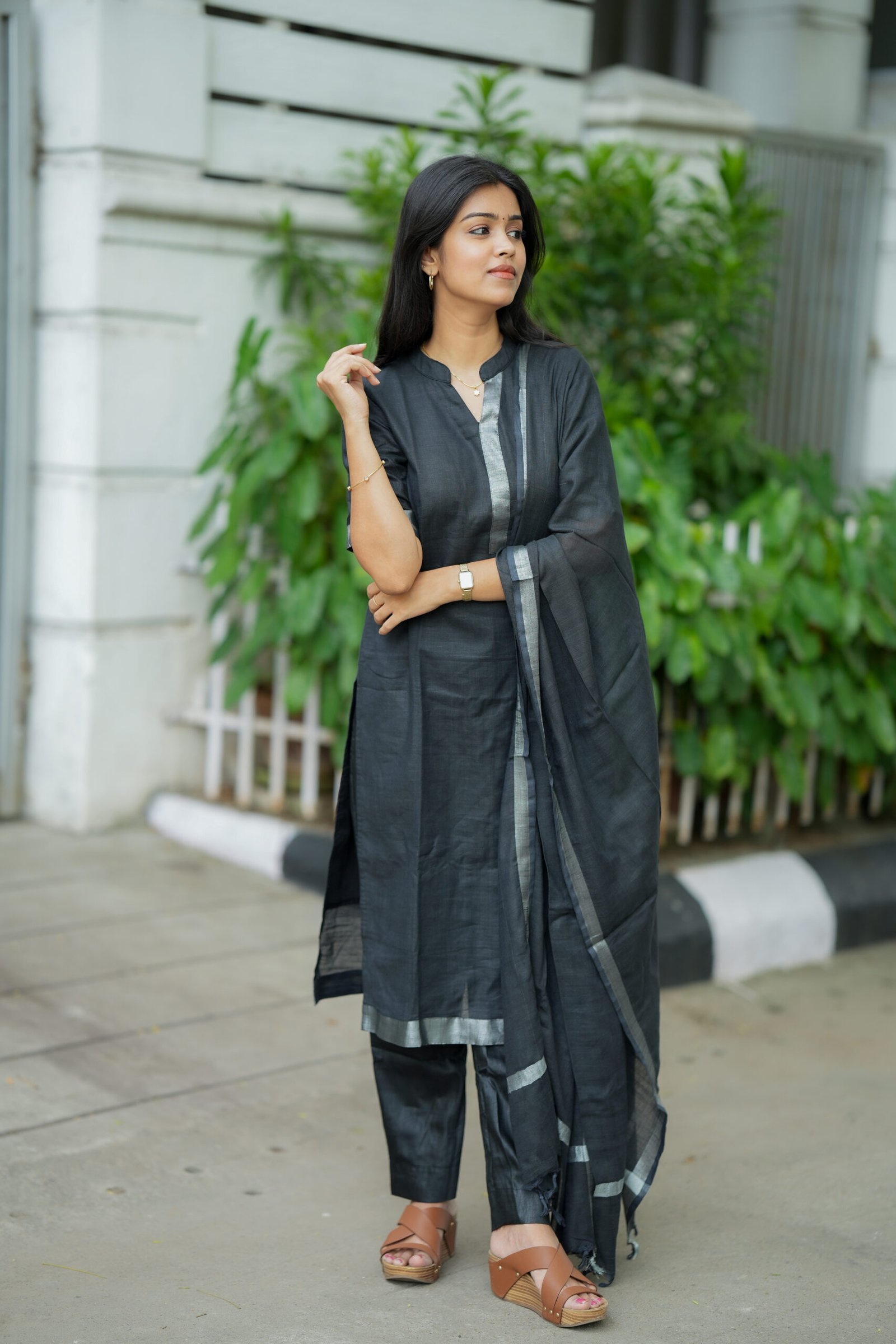 Black Kurta Set with Silver Border Dupatta - Image 5