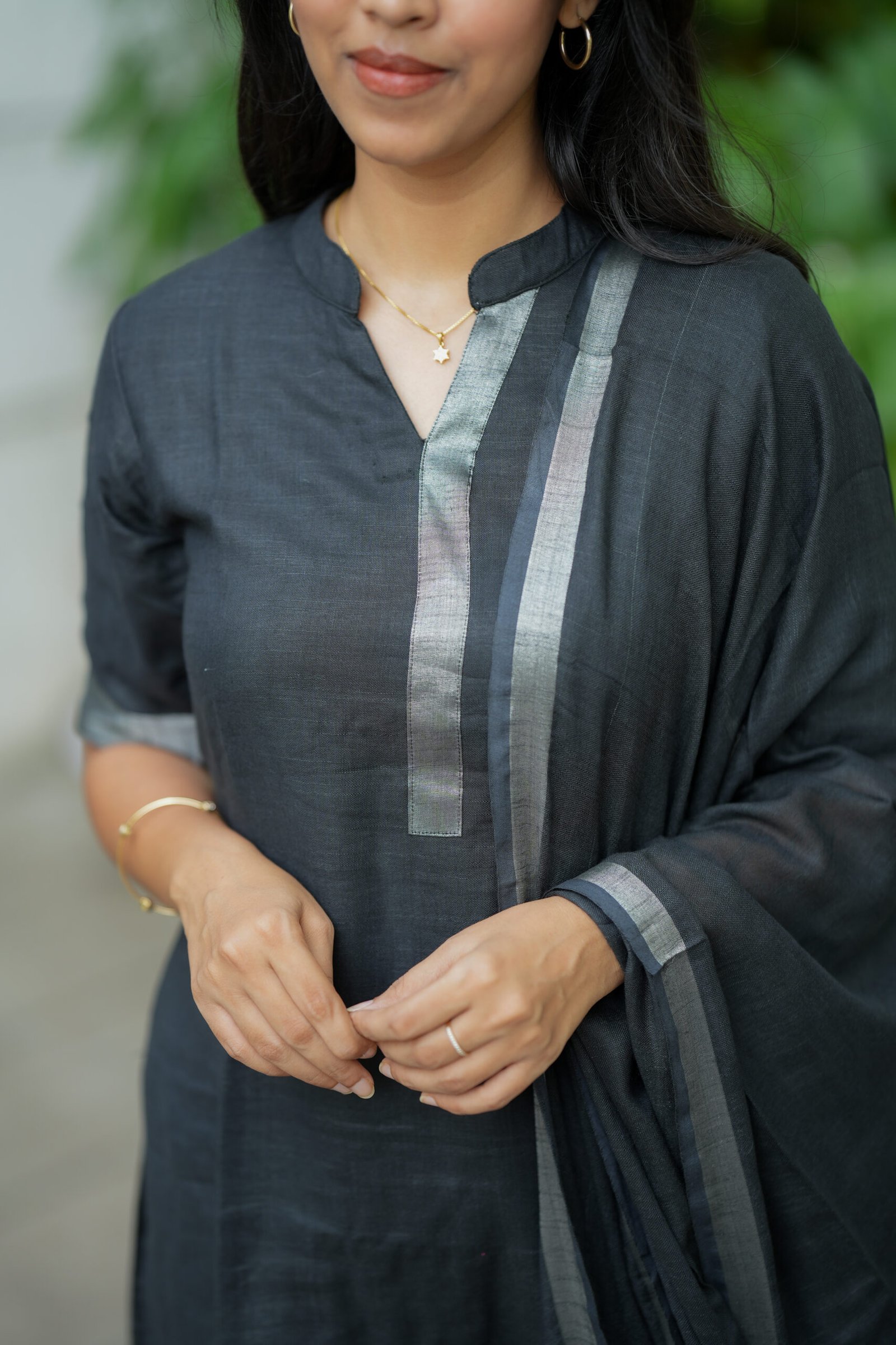 Black Kurta Set with Silver Border Dupatta - Image 3