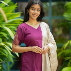 Magenta Purple Straight Kurta with Embroidered Sleeves