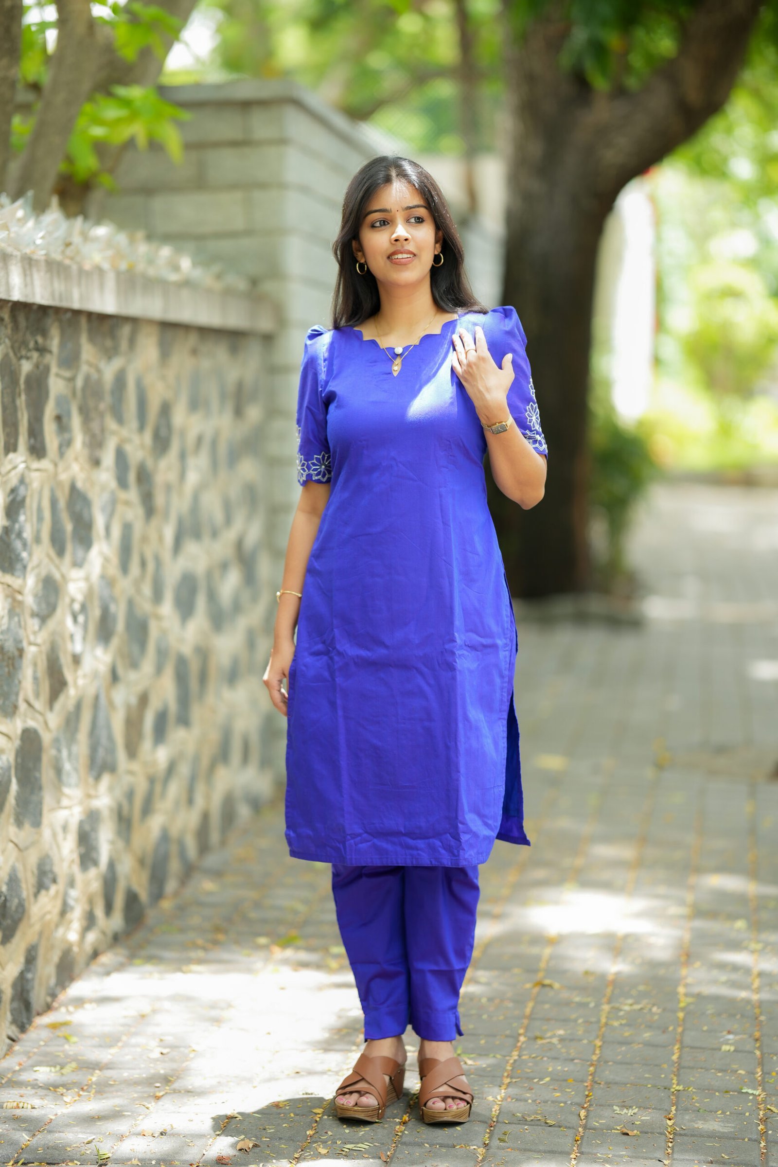 Dark Blue Straight Kurta with Embroidered Sleeves - Image 5