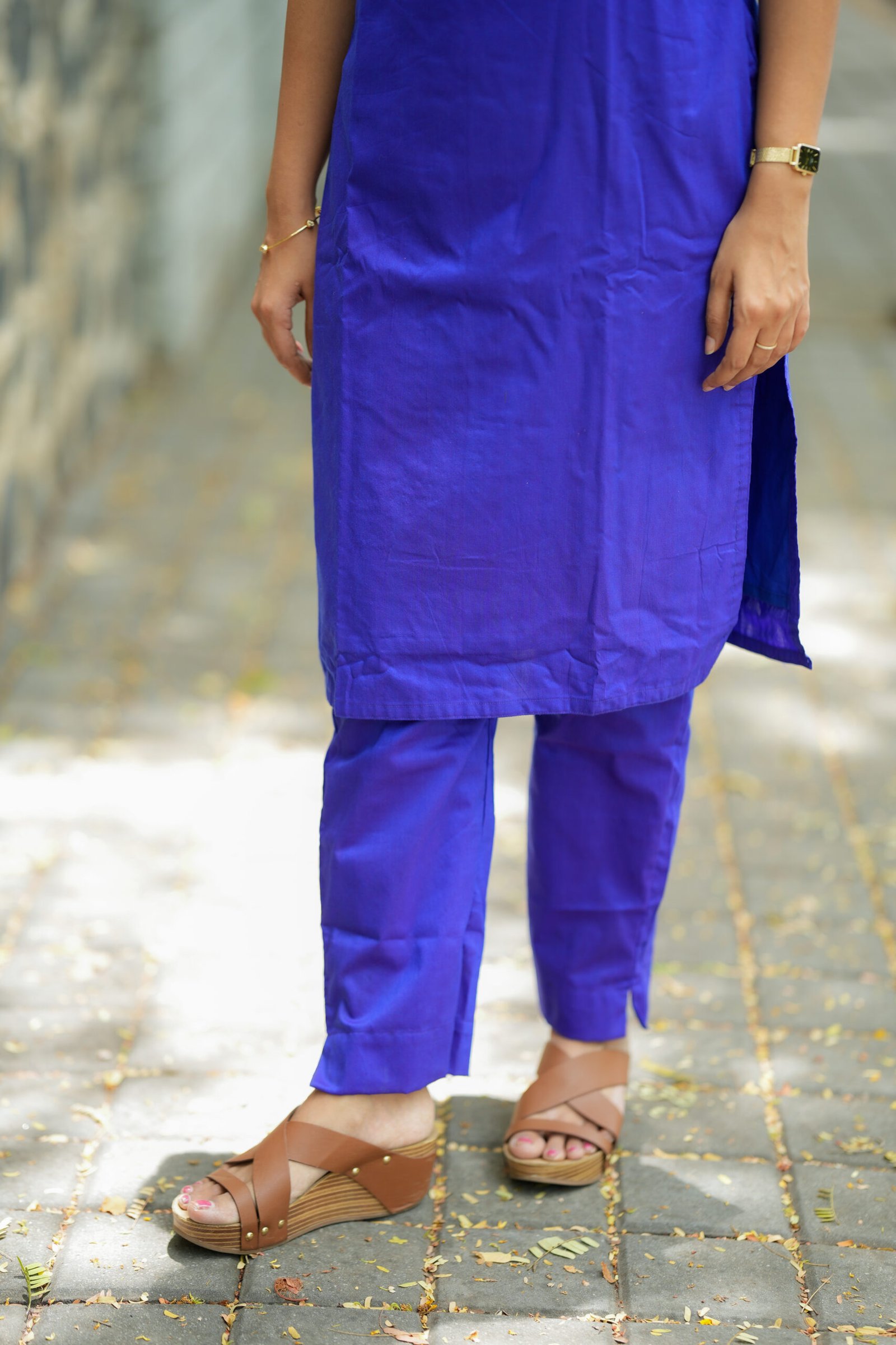 Dark Blue Straight Kurta with Embroidered Sleeves - Image 4
