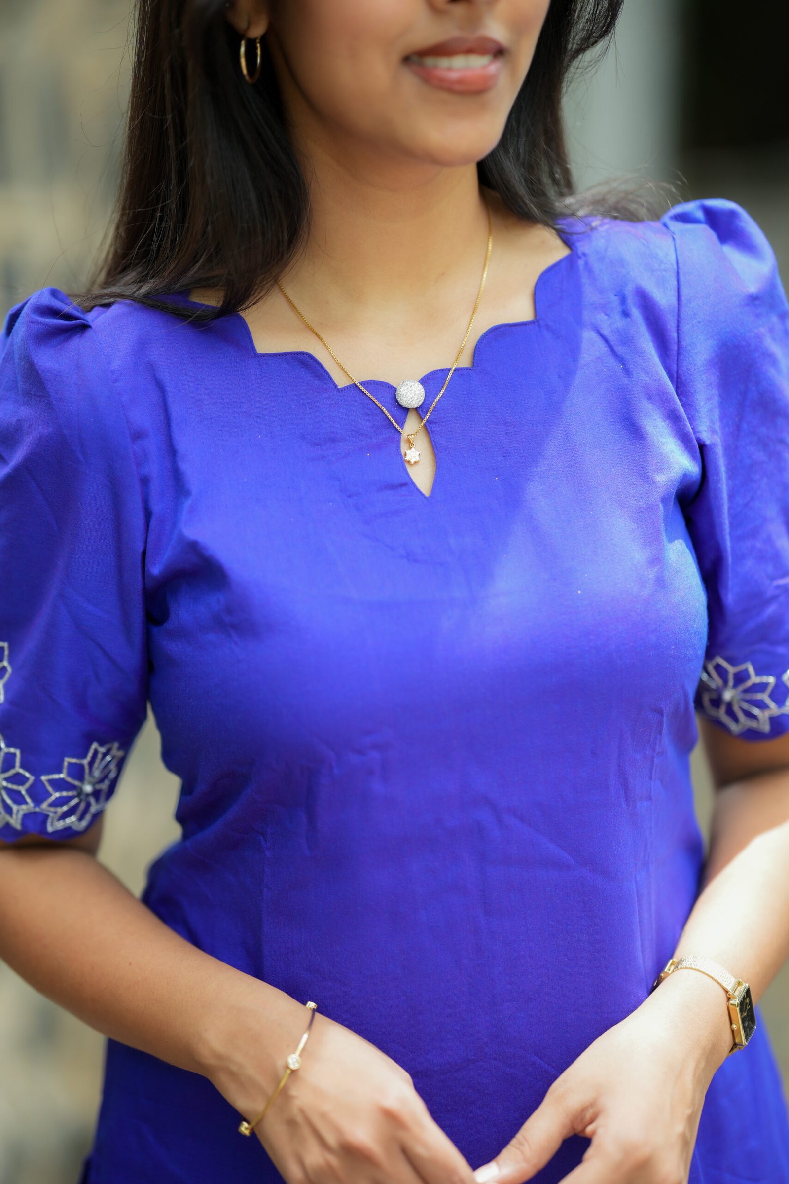Dark Blue Straight Kurta with Embroidered Sleeves - Image 3