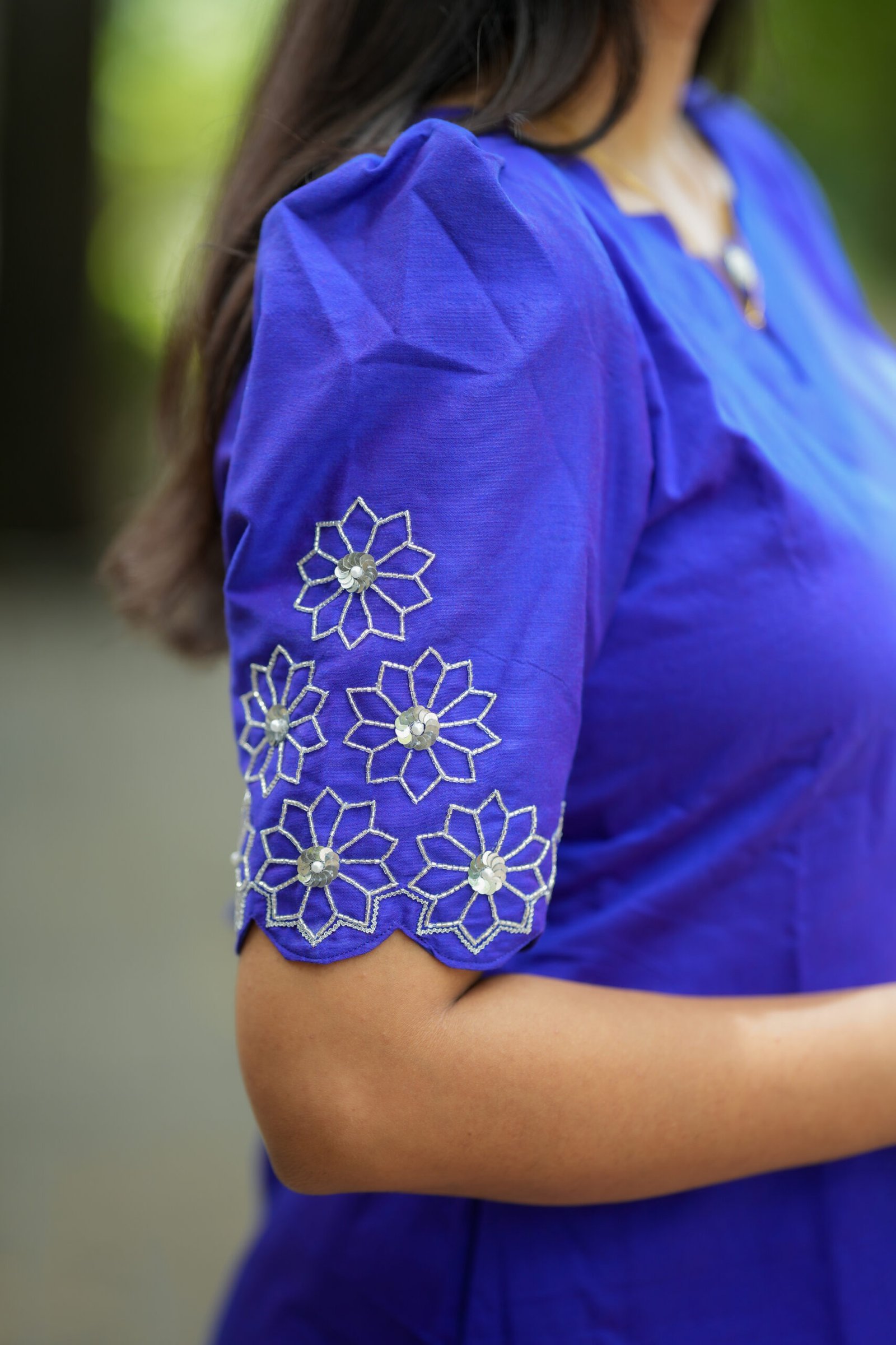 Dark Blue Straight Kurta with Embroidered Sleeves - Image 2