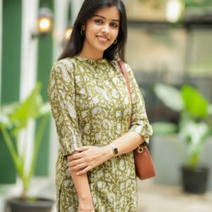 Green Floral Straight Kurta with Chevron Pants