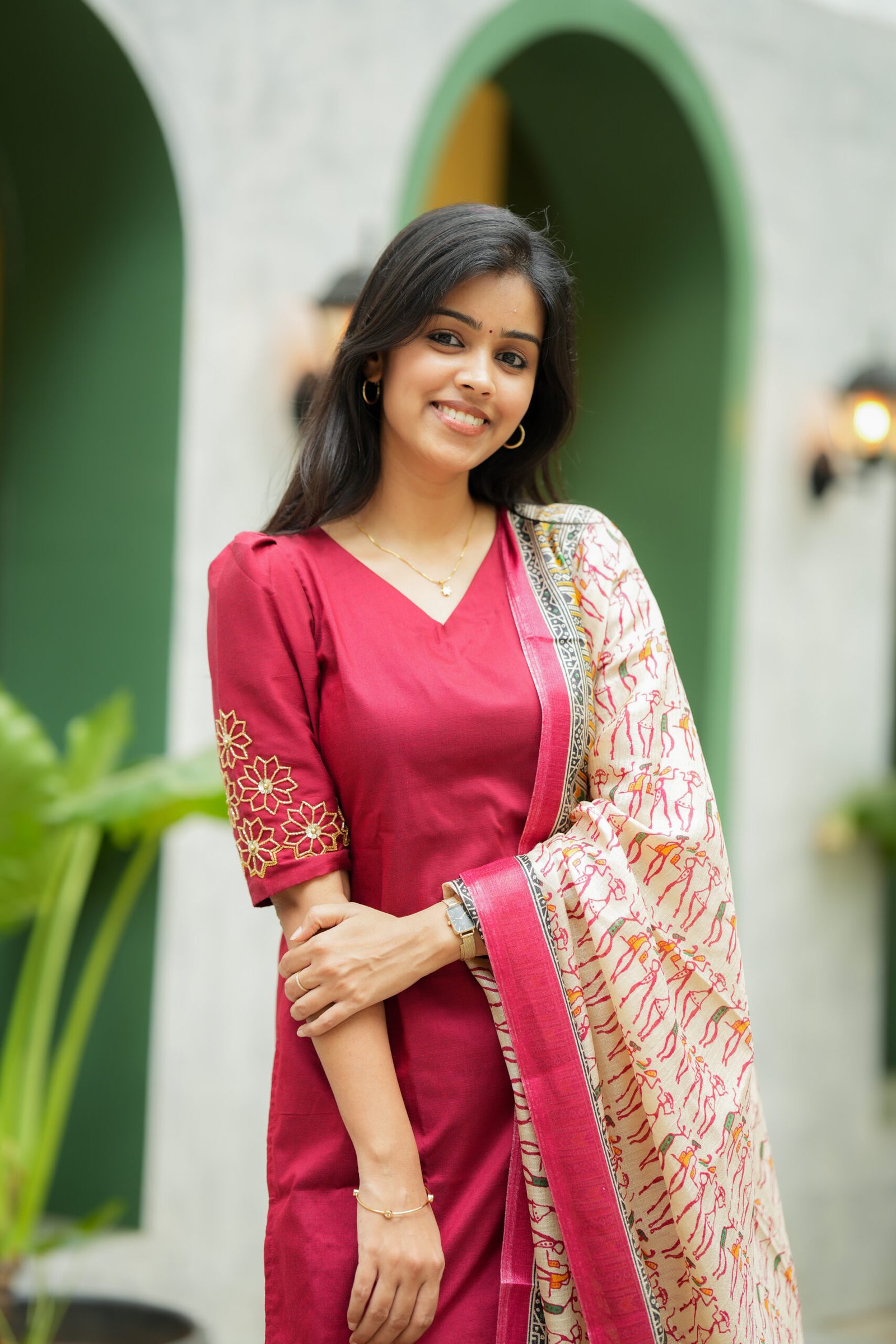 Red Straight Kurta with Embroidered Sleeves