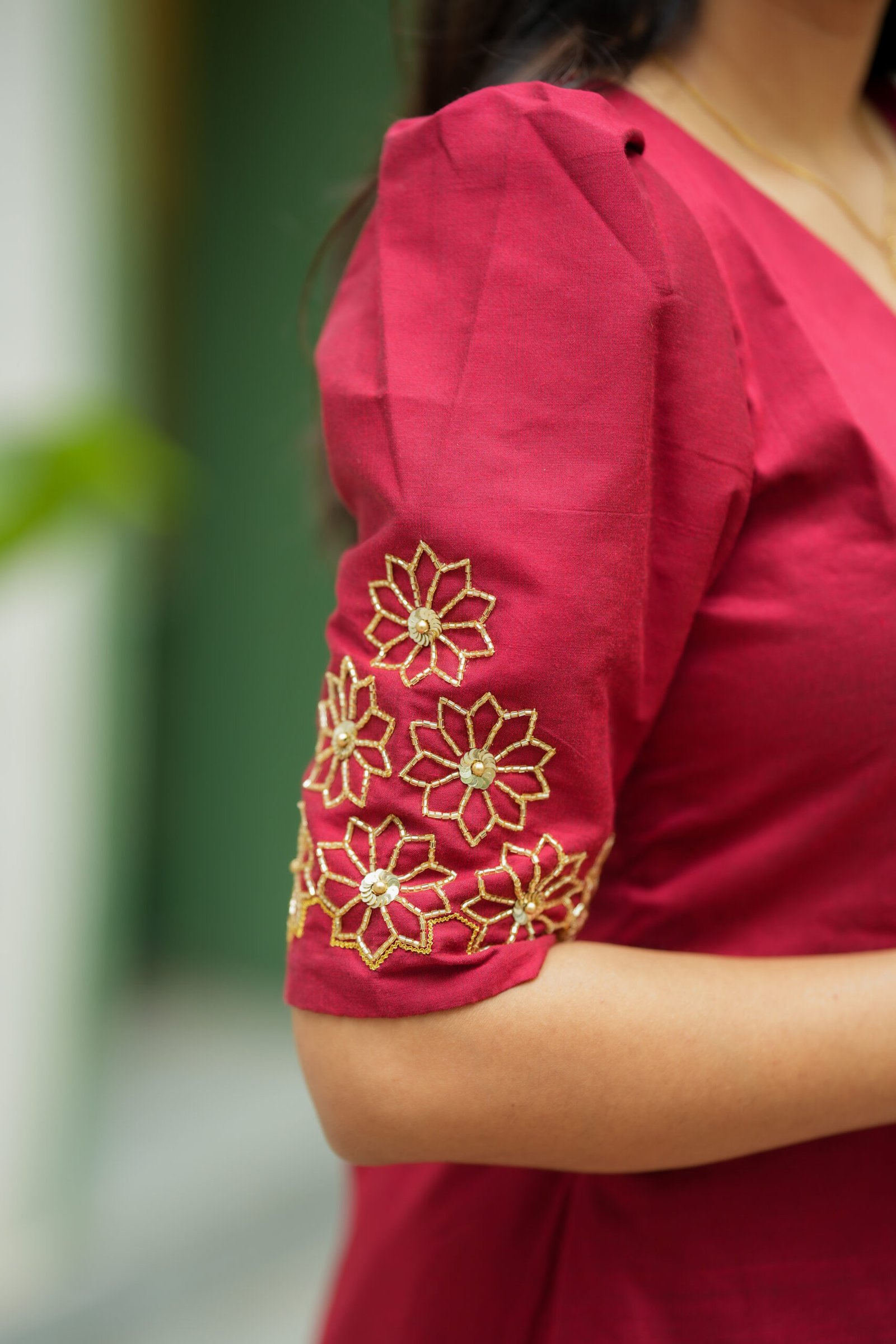 Red Straight Kurta with Embroidered Sleeves - Image 2