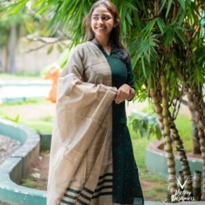 Handwoven Green & Beige Pure Cotton Saree with Ikat Motifs