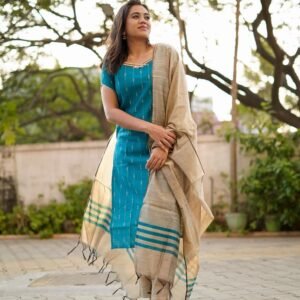 Handwoven Blue & Beige Pure Cotton with Ikat Motifs
